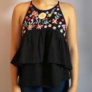 zara black peplum top with floral detail
